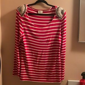 Unique red and white striped women’s top with beautiful silver beaded shoulders